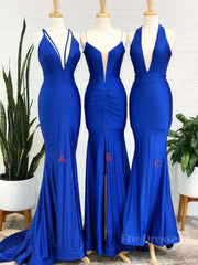 Simple Royal blue v neck mermaid long prom dress blue evening dress