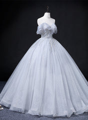 Sliver Grey Tulle Off Shoulder Long Party Dress, Tulle Evening Dress Prom Dress