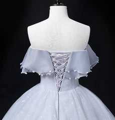 Sliver Grey Tulle Off Shoulder Long Party Dress, Tulle Evening Dress Prom Dress