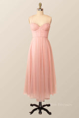 Spaghetti Straps Blush Pink Tulle A-line Midi Dress