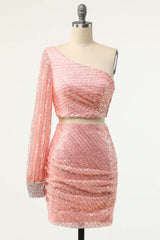 Sparkle Pink Two Piece One Sleeve Tight Mini Dress