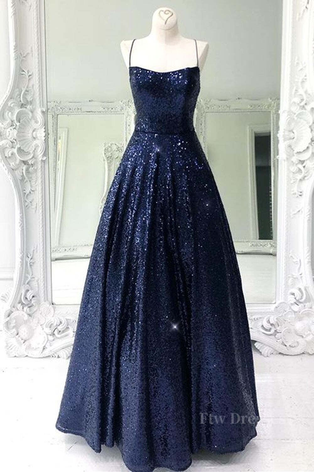 Sparkly Backless Navy Blue Long Prom Dresses, Open Back Long Navy Blue Formal Evening Dresses