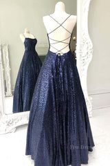 Sparkly Backless Navy Blue Long Prom Dresses, Open Back Long Navy Blue Formal Evening Dresses
