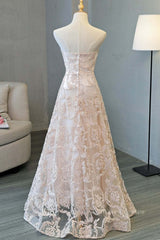 Strapless Pink Lace Long Prom Dresses, Pink Lace Formal Graduation Evening Dresses