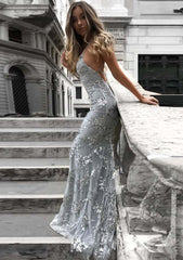 Trumpet/Mermaid V Neck Sleeveless Sweep Train Tulle Evening Dress With Beading Appliqued