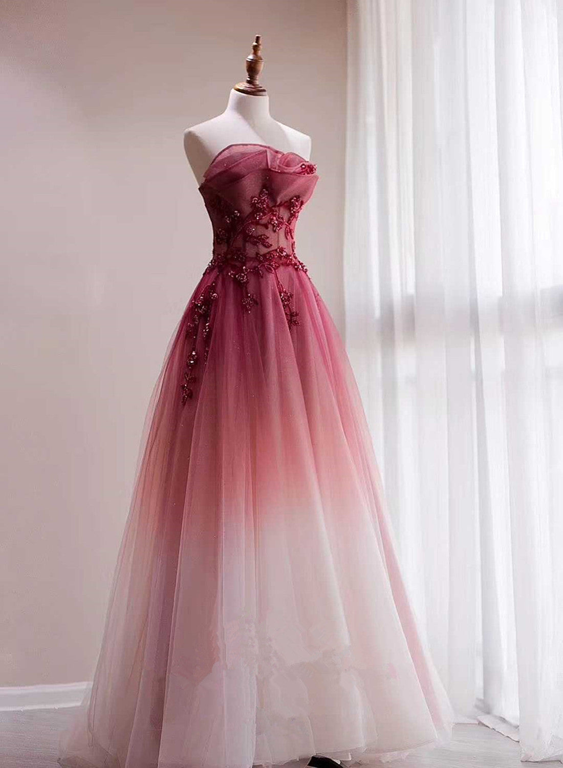 Tulle Gradient with Beaded Long Party Dress, A-line Gradient Prom Dress