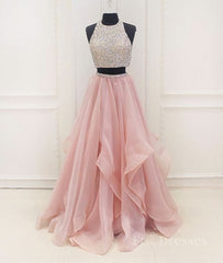 Two Pieces Round Neck Sequins Long Pink Prom Dresses, Pink Evening Dresses