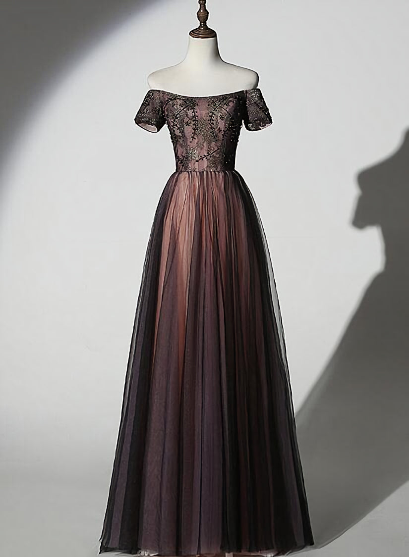Unique Black and Champagne Tulle Long Party Dress, Senior Prom Dress