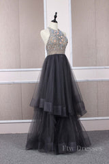 Unique tulle beads long prom dress tulle long evening dress