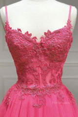 V Neck Beaded Hot Pink Lace Tulle Long Prom Dresses, Hot Pink Lace Formal Dresses, Hot Pink Evening Dresses