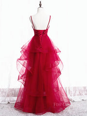 V Neck Burgundy Lace Prom Dresses, Wine Red Lace Formal Evening Graduation Dresses