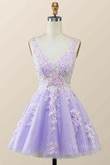 V Neck Lavender Sequin A-line Short Dress