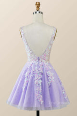 V Neck Lavender Sequin A-line Short Dress