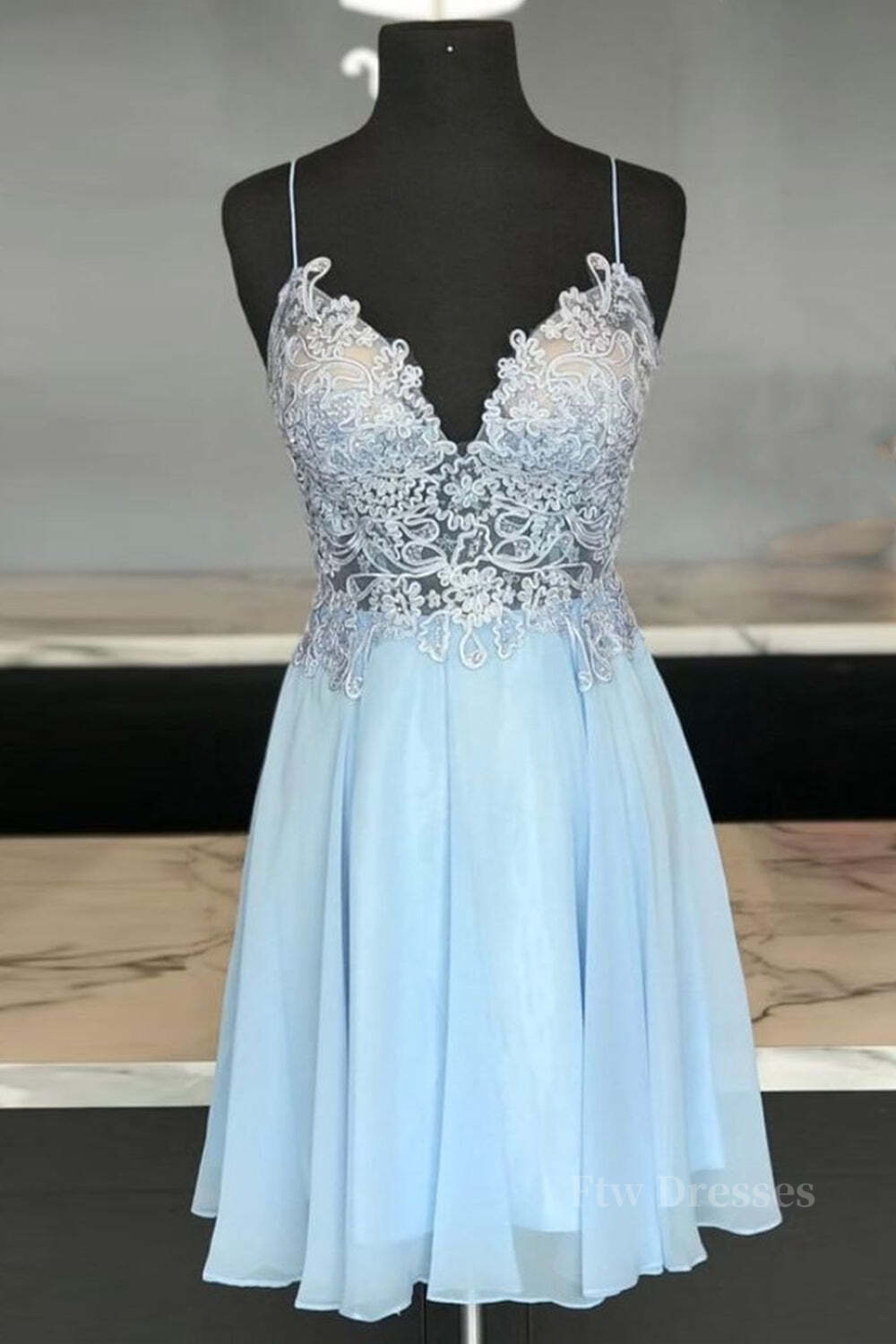V Neck Open Back Blue Lace Short Prom Dresses, Blue Lace Homecoming Dresses, Short Blue Formal Evening Dresses