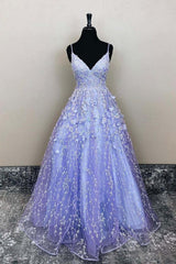 V Neck Open Back Purple Lace Floral Long Prom Dress, Purple Lace Floral Formal Evening Dress