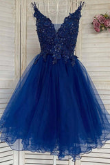 V Neck Short Blue Lace Prom Dress, Blue Lace Homecoming Dress, Short Blue Formal Graduation Evening Dress