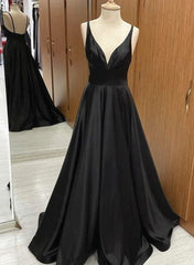 V-neck line Black Long Satin A-line Prom Dresses, V Neck Black Formal Dresses Party Dresses