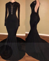 2024 Unique Black Long Sleeves Mermaid Backless Prom Dresses
