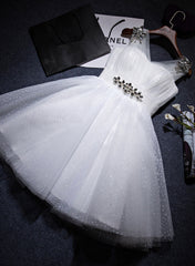 White Beaded Tulle V-neckline Short Party Dress, White Tulle Graduation Dress Prom Dress
