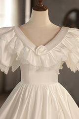 White V-Neck Satin Long Prom Dress with Lace, Wedding Dress