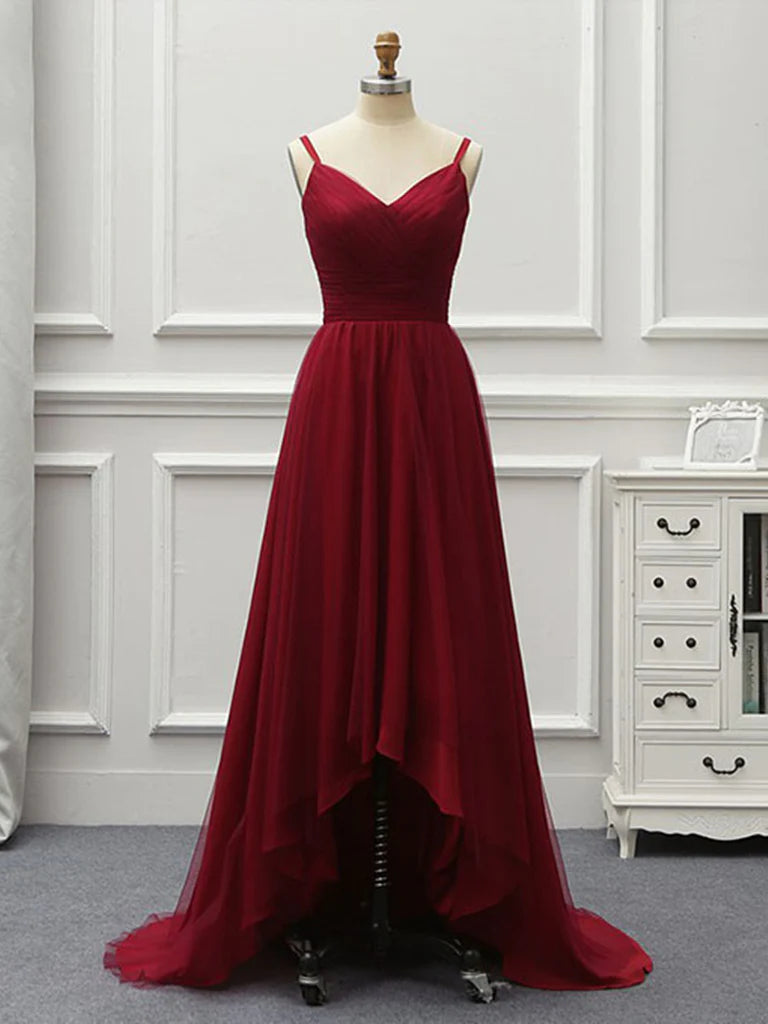 Wine Red High Low Sweetheart Simple Tulle Prom Dress, High Low Homecoming Dress