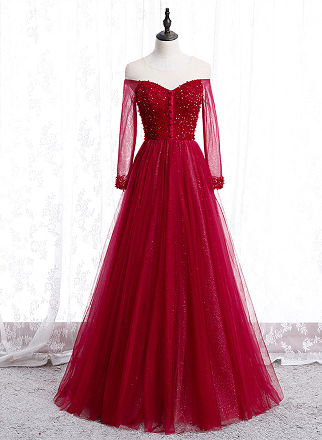 Wine Red Long Sleeves Beaded Tulle Evening Gown, A-line Wine Red Long Prom Dress
