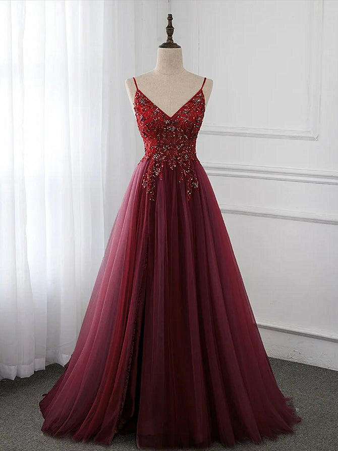 Wine Red Long Tulle V-neckline Beaded Junior Prom Dress, Dark Red Party Dress