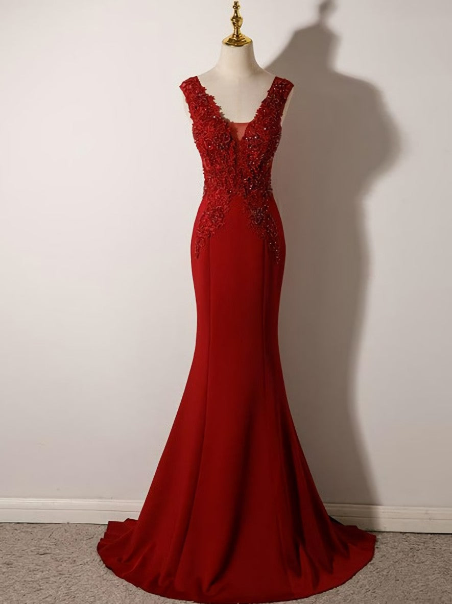 Wine Red Mermaid Floor Length Low Back Evening Dress, Burgundy Prom Dress Party Dress