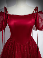 Wine Red Satin and Tulle Straps Long Prom Dress, Wine Red Off Shoulder Party Dress