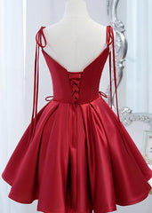 Wine Red Satin V-neckline Straps Beaded Short Prom Dress, Wine Red Party Dresses