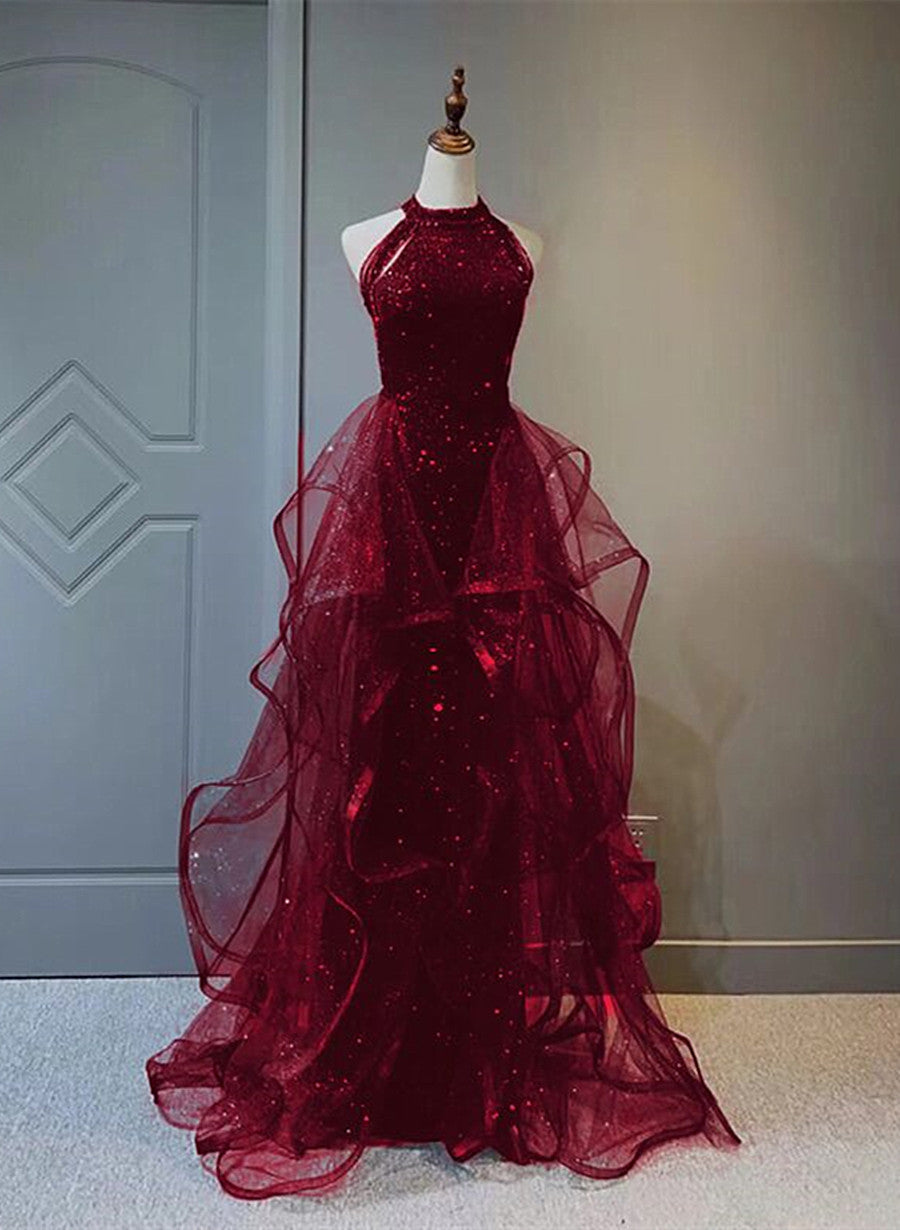Wine Red Sequins and Tulle Halter Long Prom Dress, Wine Red Evening Dress