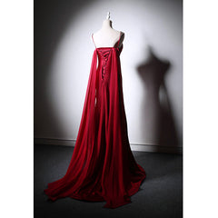 Wine Red Soft Satin Long Straps Long A-line Prom Dress, Wine Red Evening Dress