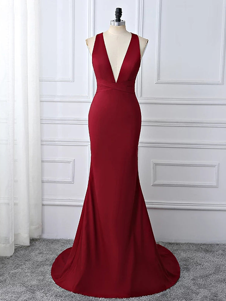 Wine Red Spnadex Sexy Cross Back Mermaid Long Party Dress, Wine Red Evening Gown