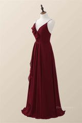 Wine Red Straps Ruffle A-line Long Bridesmaid Dress