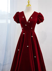 Wine Red V-neckline Velvet Prom Dress Party Dress, A-line Wedding Party Dress