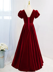 Wine Red V-neckline Velvet Prom Dress Party Dress, A-line Wedding Party Dress