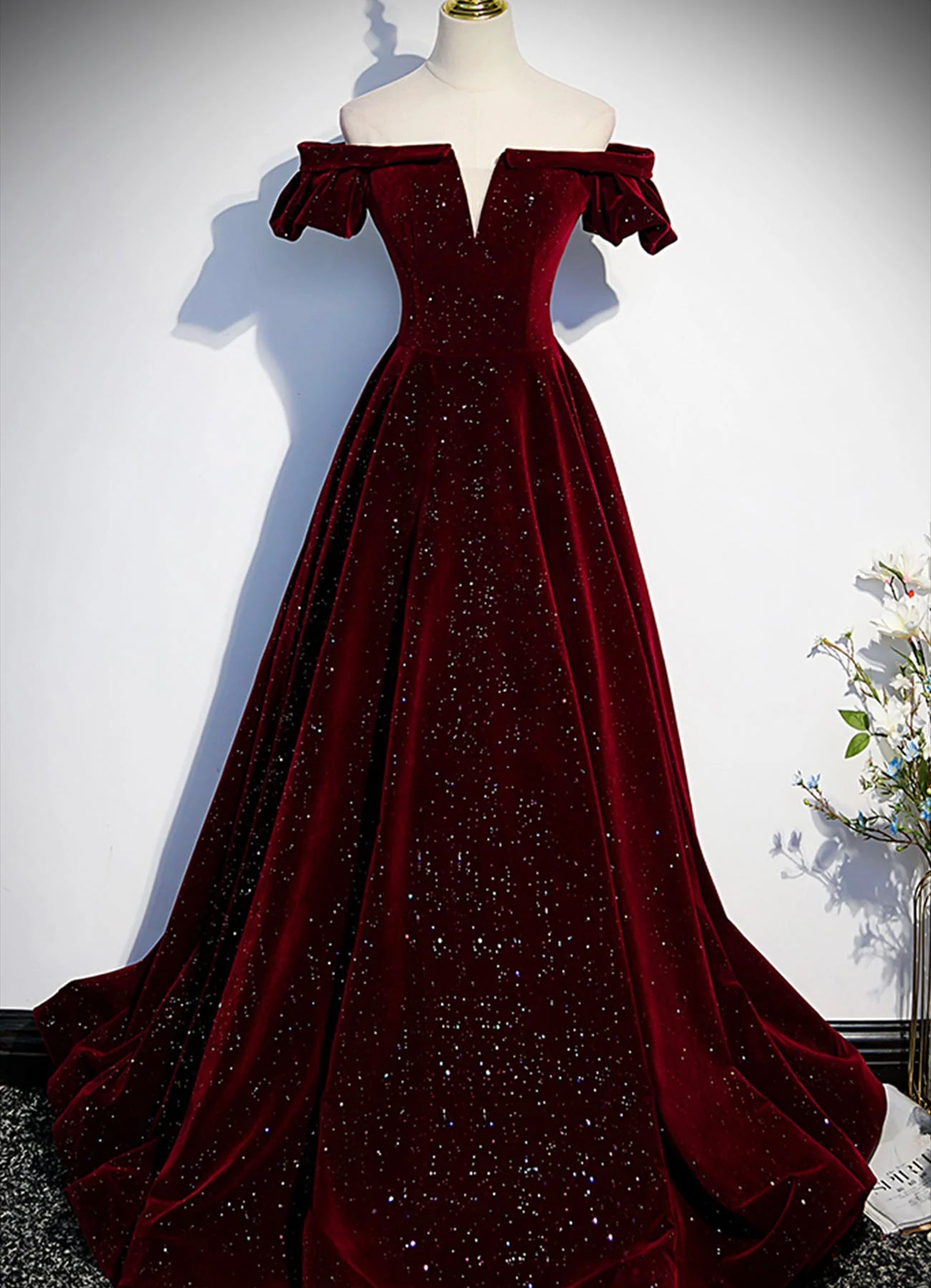 Wine Red Velvet Off Shoulder Long Formal Evening Gown, Wine Red Prom Dresses