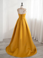 Yellow Satin Beaded Long Prom Dress with Leg Slit, Yellow A-line Party Dress