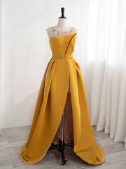 Yellow Satin Beaded Long Prom Dress with Leg Slit, Yellow A-line Party Dress